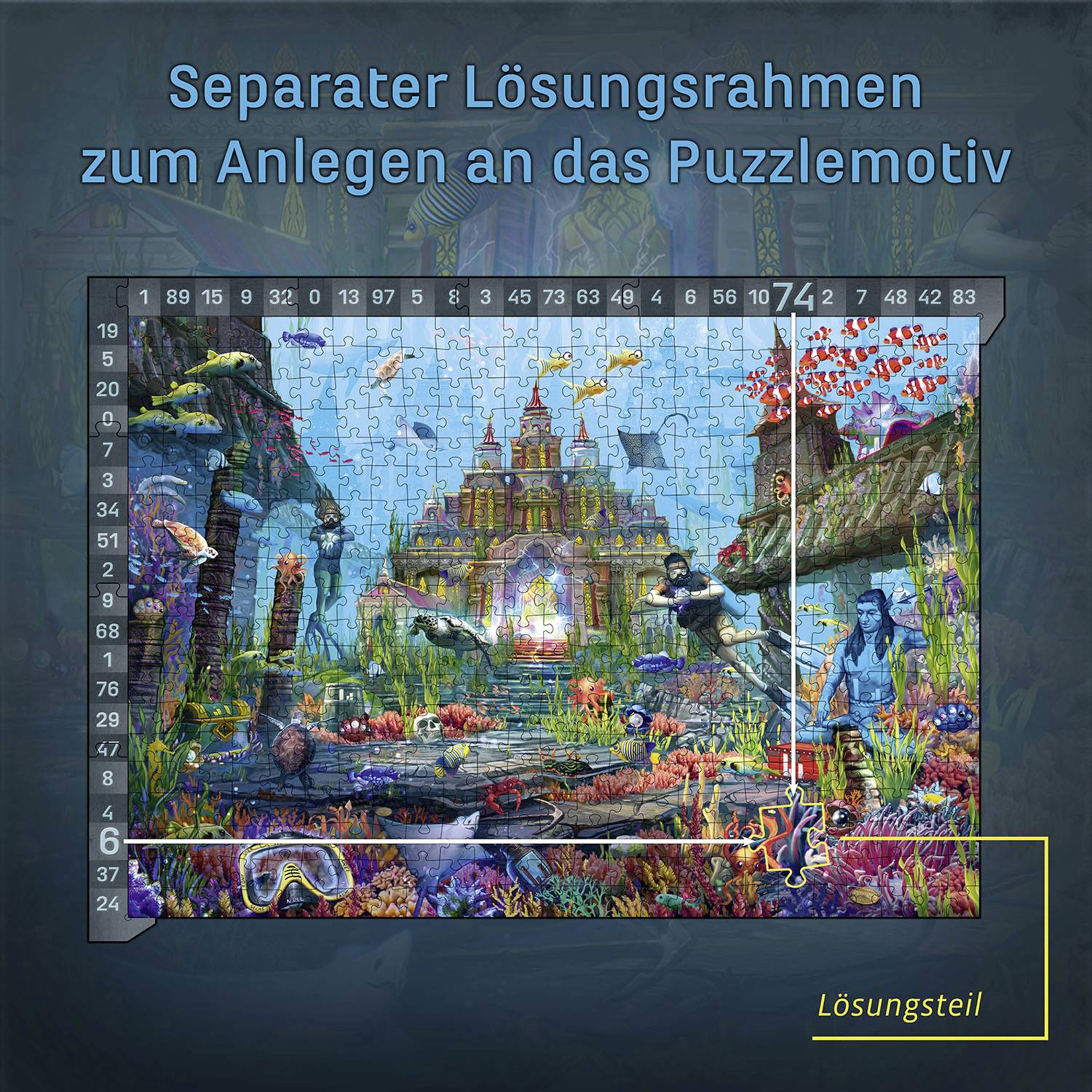 'Separate solution frame for attaching to the puzzle motif' shows an opaque puzzle with an underwater scene and fish.