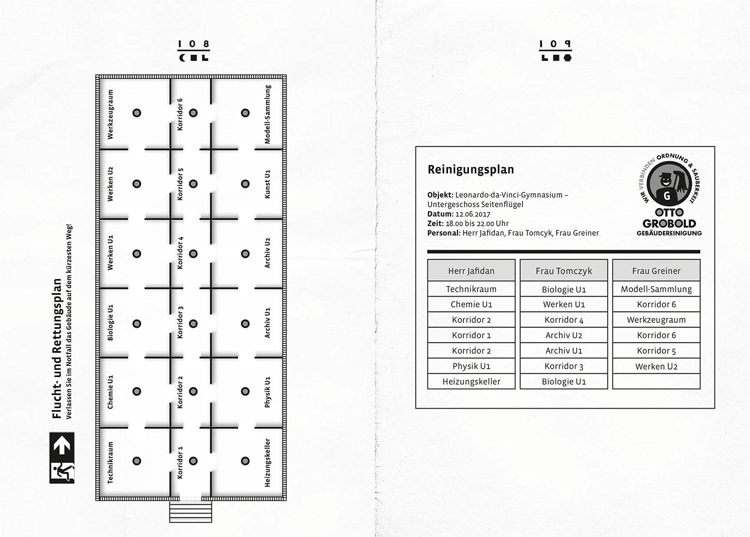 Building evacuation plan on the left: shows classrooms and escape routes at Leonardo da Vinci Grammar School. On the right: cleaning schedule with staff allocation.