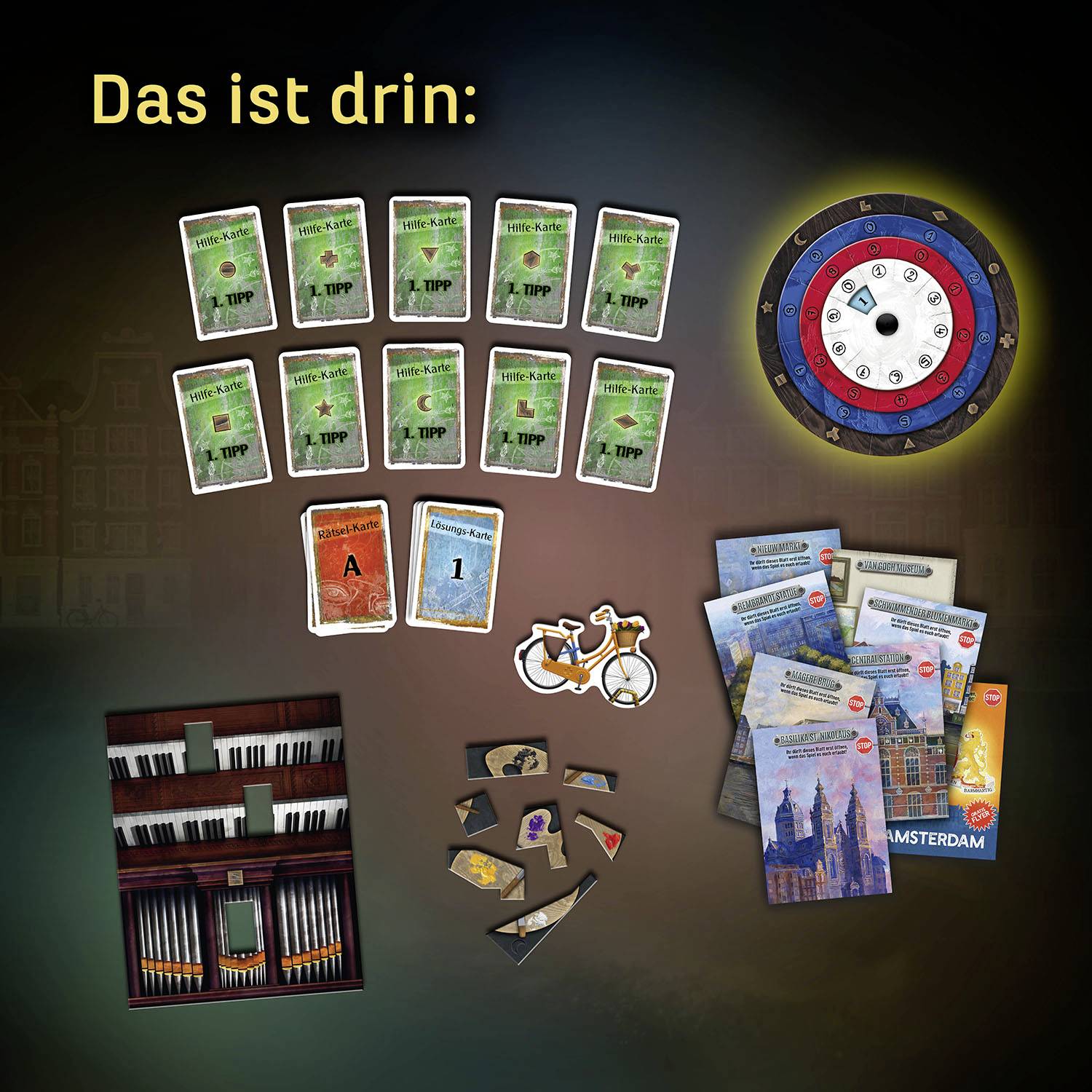 'Here's what's inside:' Ten cards with clues, a numbered target board, organ parts, two number cards, city guide brochures and two keys.