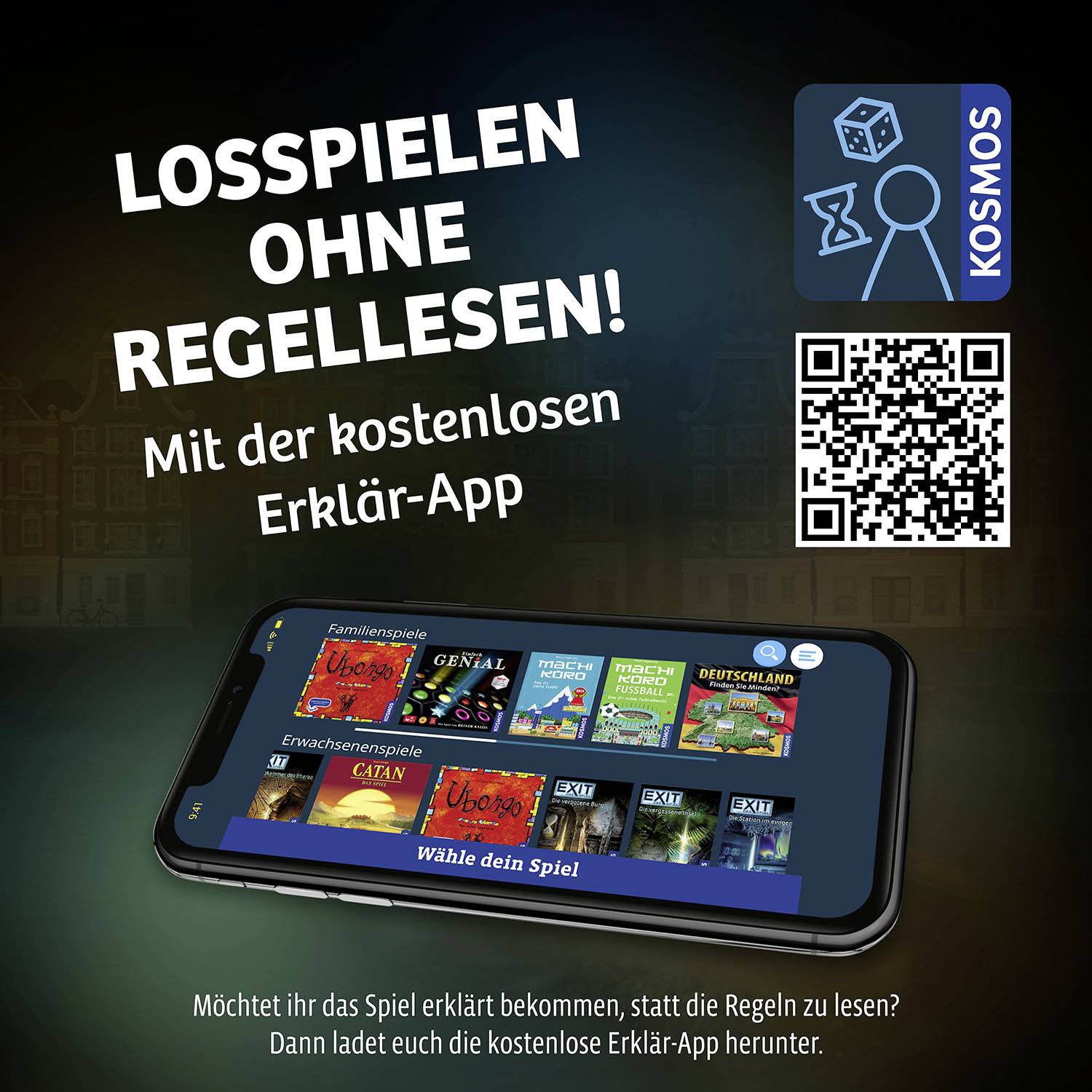 Mobile screen shows various games under the title 'Start Playing Without Reading the Rules!'. QR code for the explanatory app on the right.