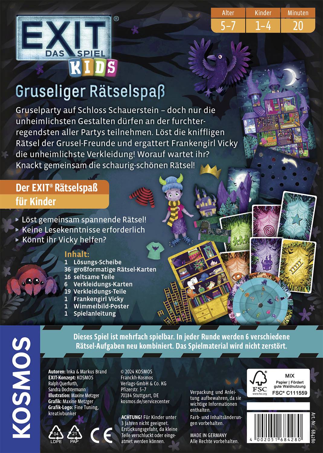 'Exit – The Game Kids' Box Back: Spooky Party Theme for Children, with Puzzles and Decorative Monster Illustrations.