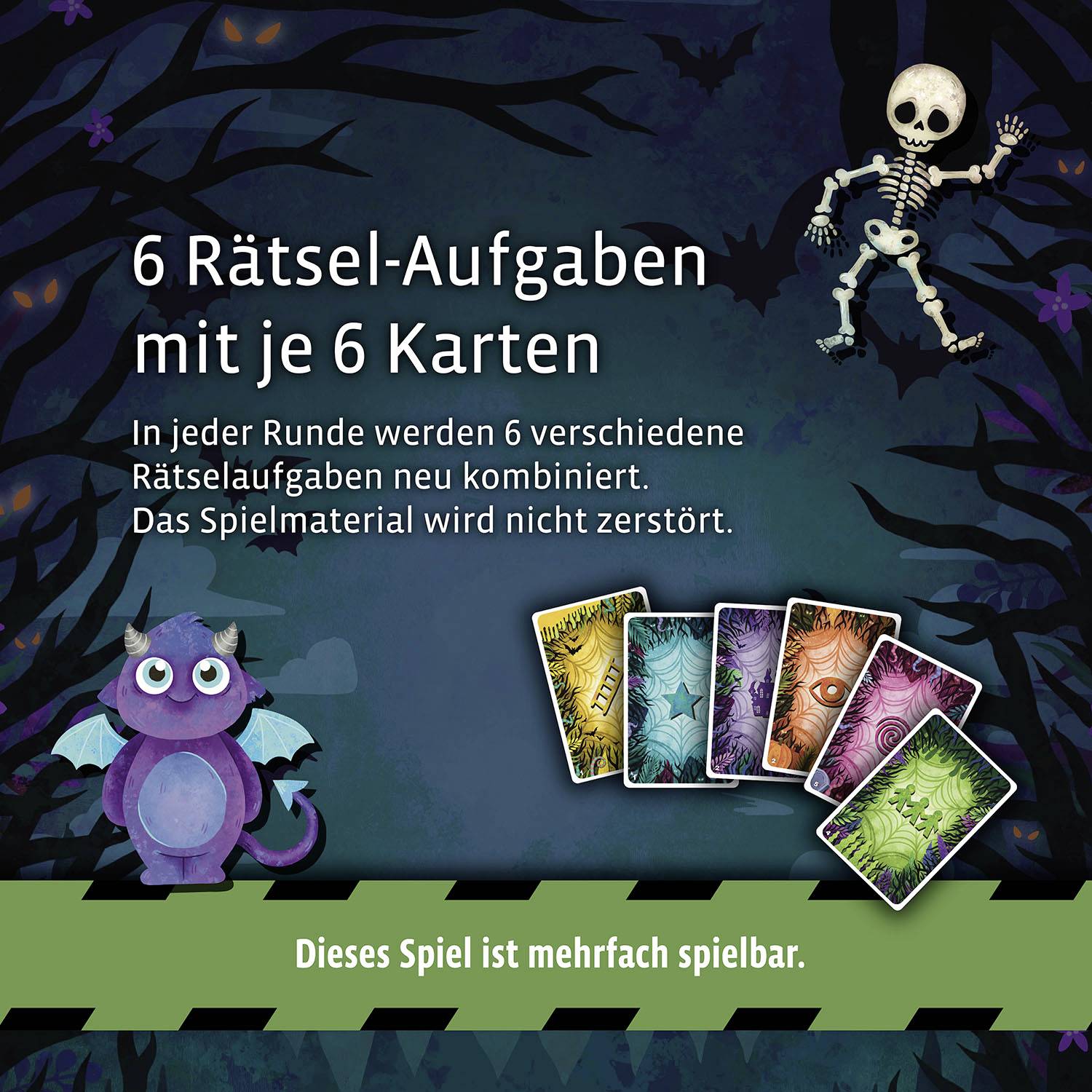 '6 Puzzle Tasks with 6 Cards Each. In each round, 6 different puzzle challenges are newly combined. The game materials are not destroyed.' A purple monster and a skeleton are depicted.
