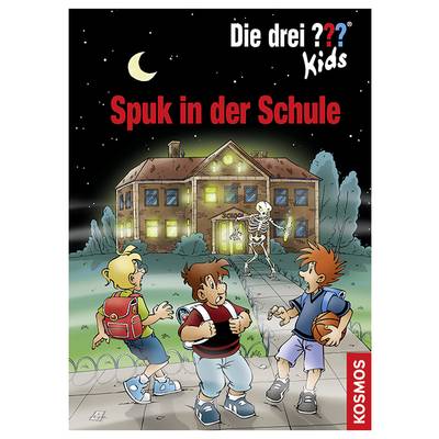 A school building at night with illuminating windows. Three children on their way there appear frightened, while a skeleton stands in the entrance.