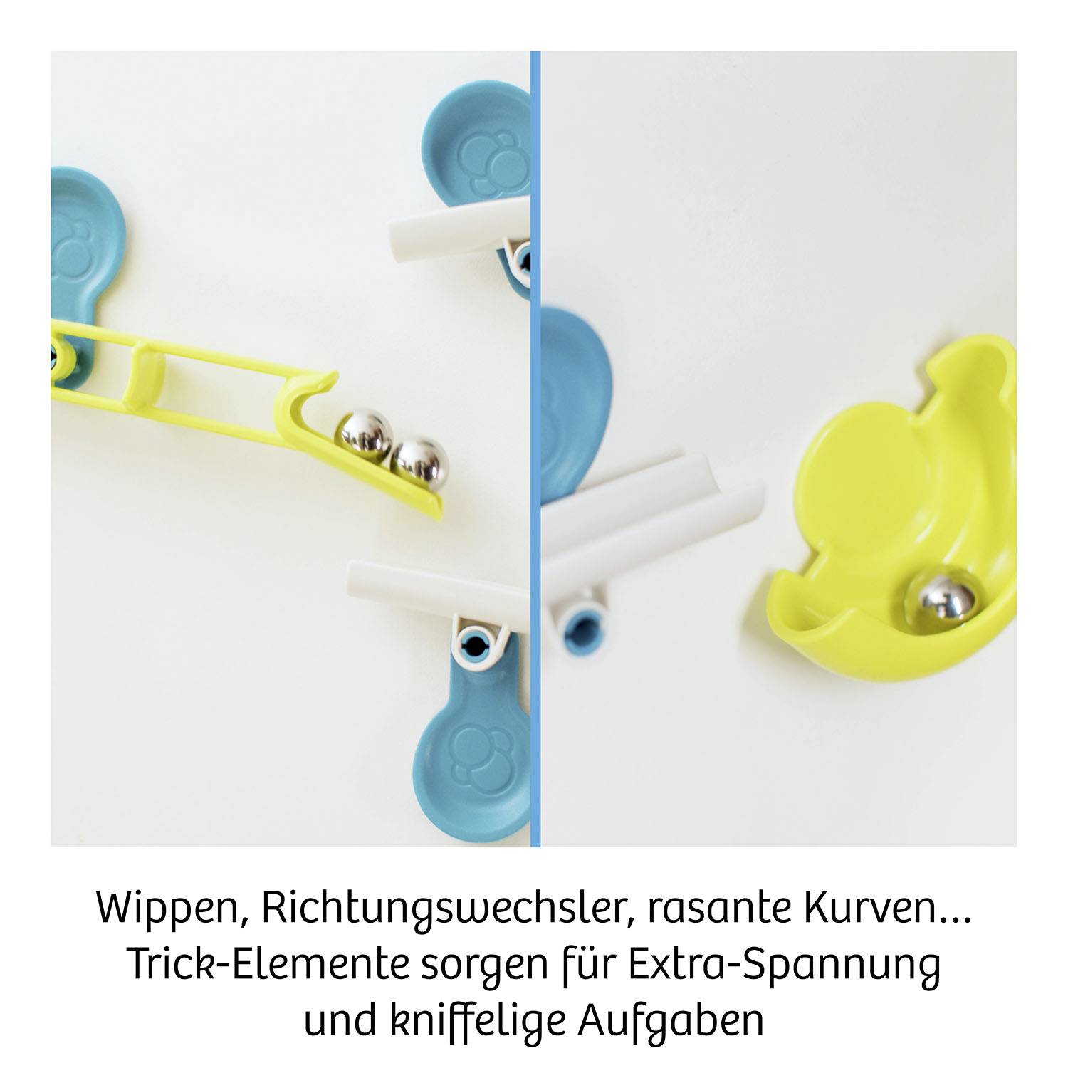 Two ball tracks with yellow and blue elements. Caption: 'Seesaws, direction changers, sharp curves... for extra excitement'.