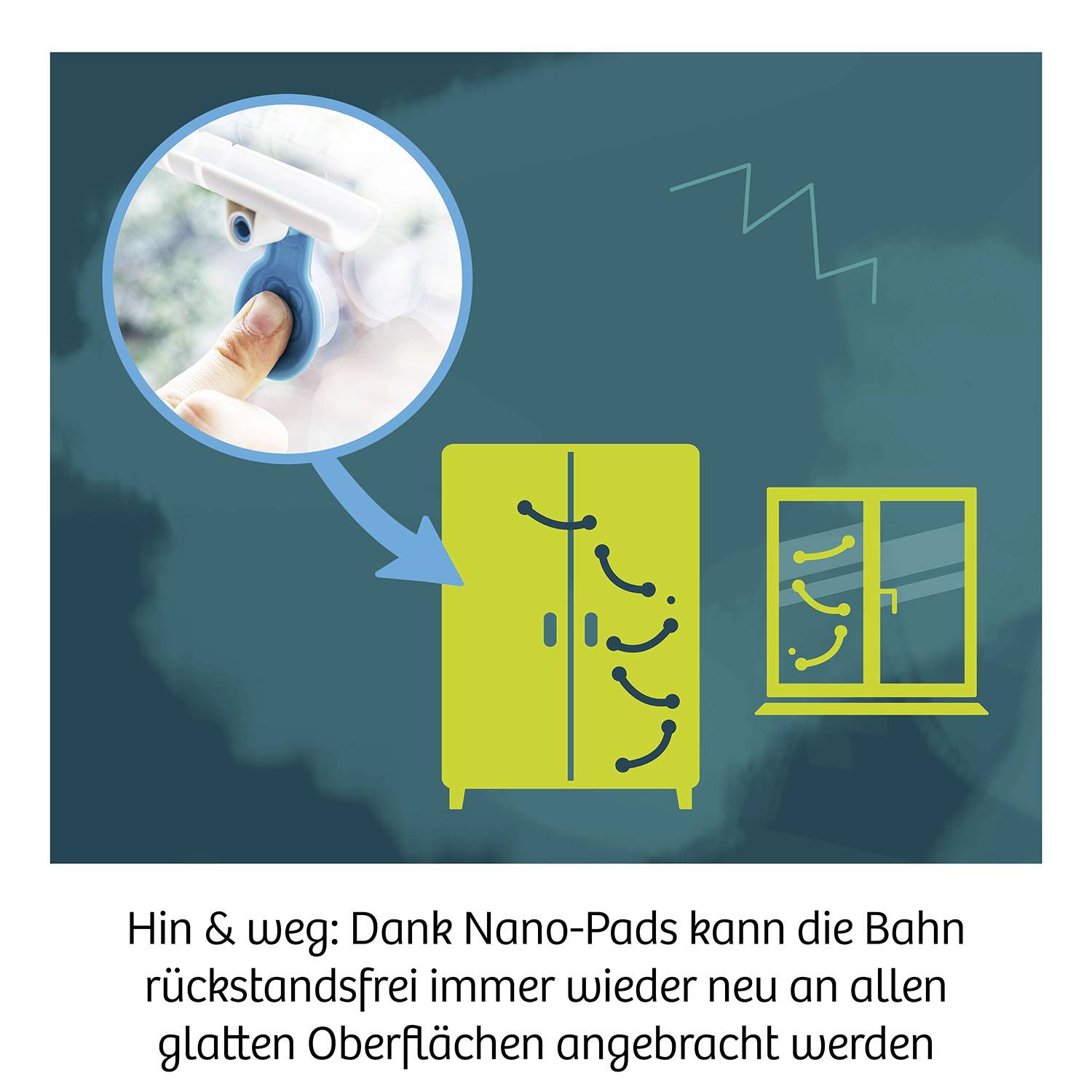 A wardrobe and a window with toy train tracks attached to it. A small picture shows how the nano-pads adhere to the suction cup.