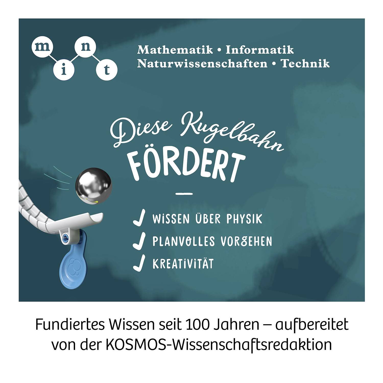 'This marble run promotes knowledge of physics, planned approach, creativity.' Text surrounds marble run with metal ball.