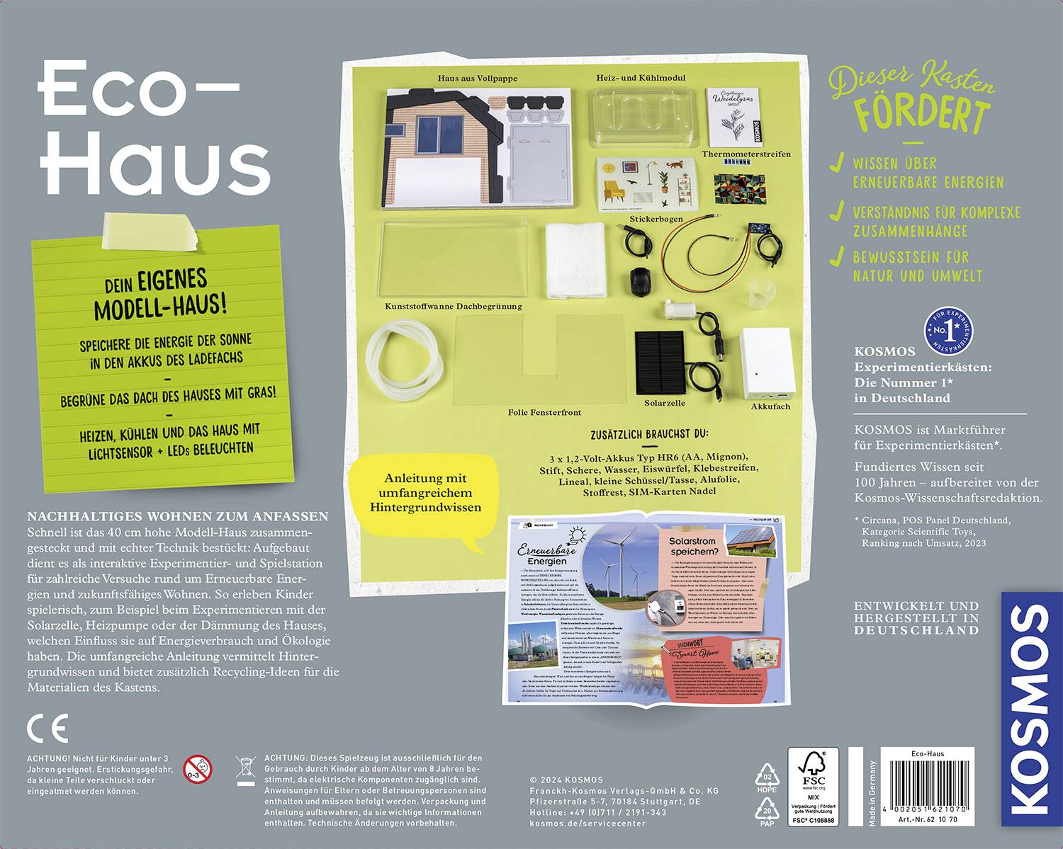Model house kit 'Eco House' by Kosmos. Includes solar cells and wind turbine. Encourages sustainable thinking in children.