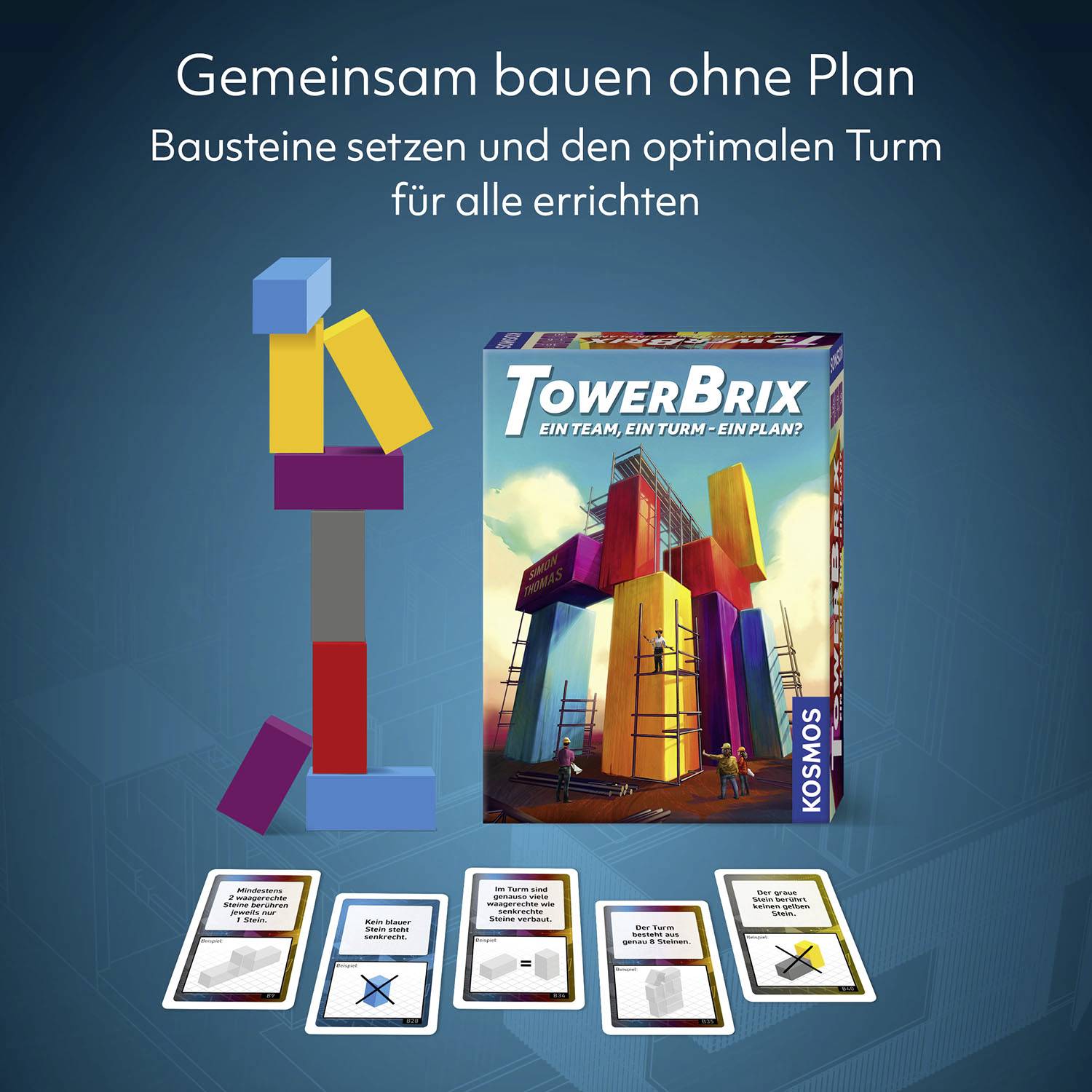 'Play 'TowerBrix' with colourful building blocks and cards. Objective: Team builds optimal tower without a blueprint. Box and advertising headline visible.'