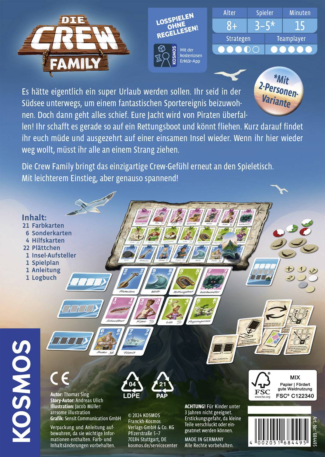 'Die Crew Family' is a cooperative board game for 3-5 players aged 8 and above, with an option for 2 players. The aim is to complete the tasks on the game board.