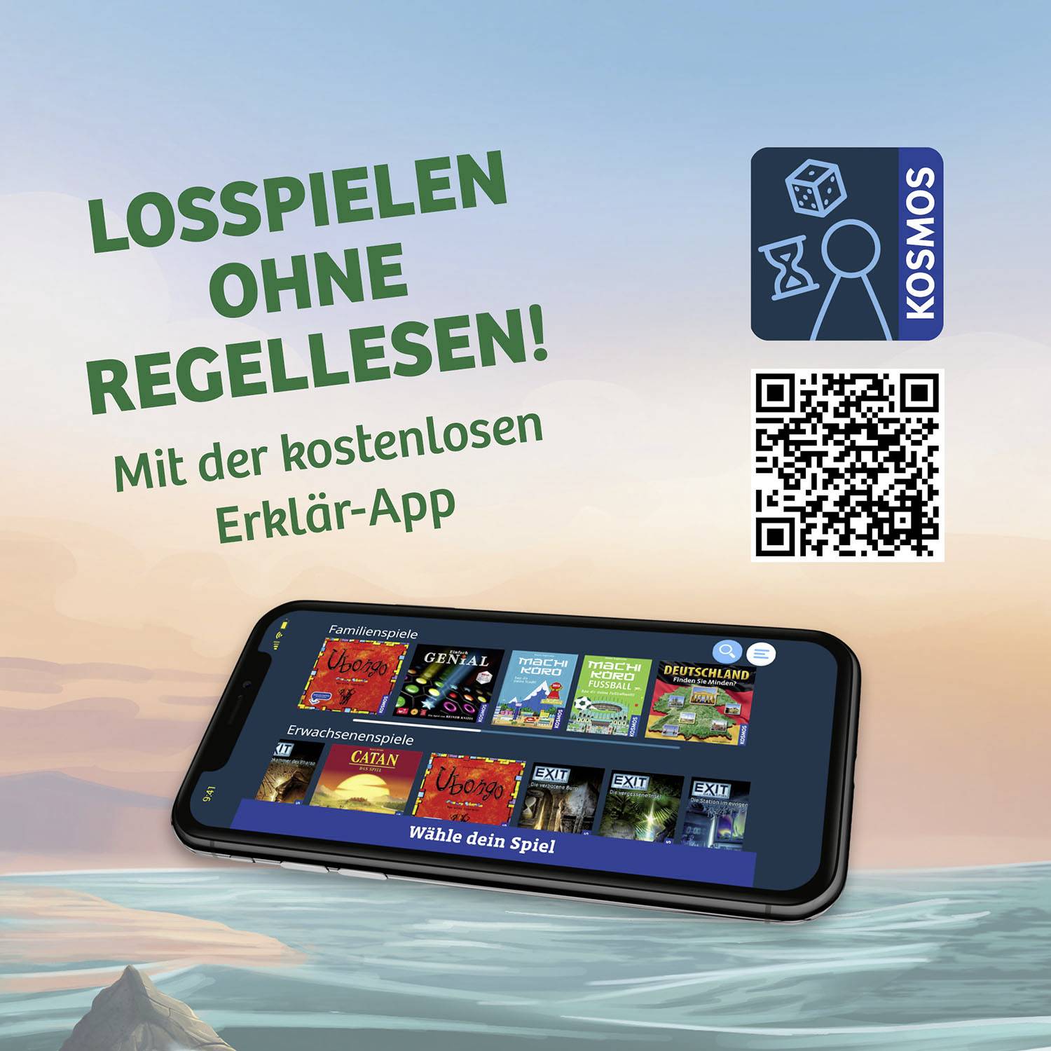 Mobile Phone with Board Game App, Text 'Start Playing Without Reading Rules! With the Free Explanatory App', QR Code and KOSMOS Logo.