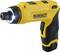 Yellow cordless battery screwdriver with LED light, showing the brand and featuring an ergonomic handle.