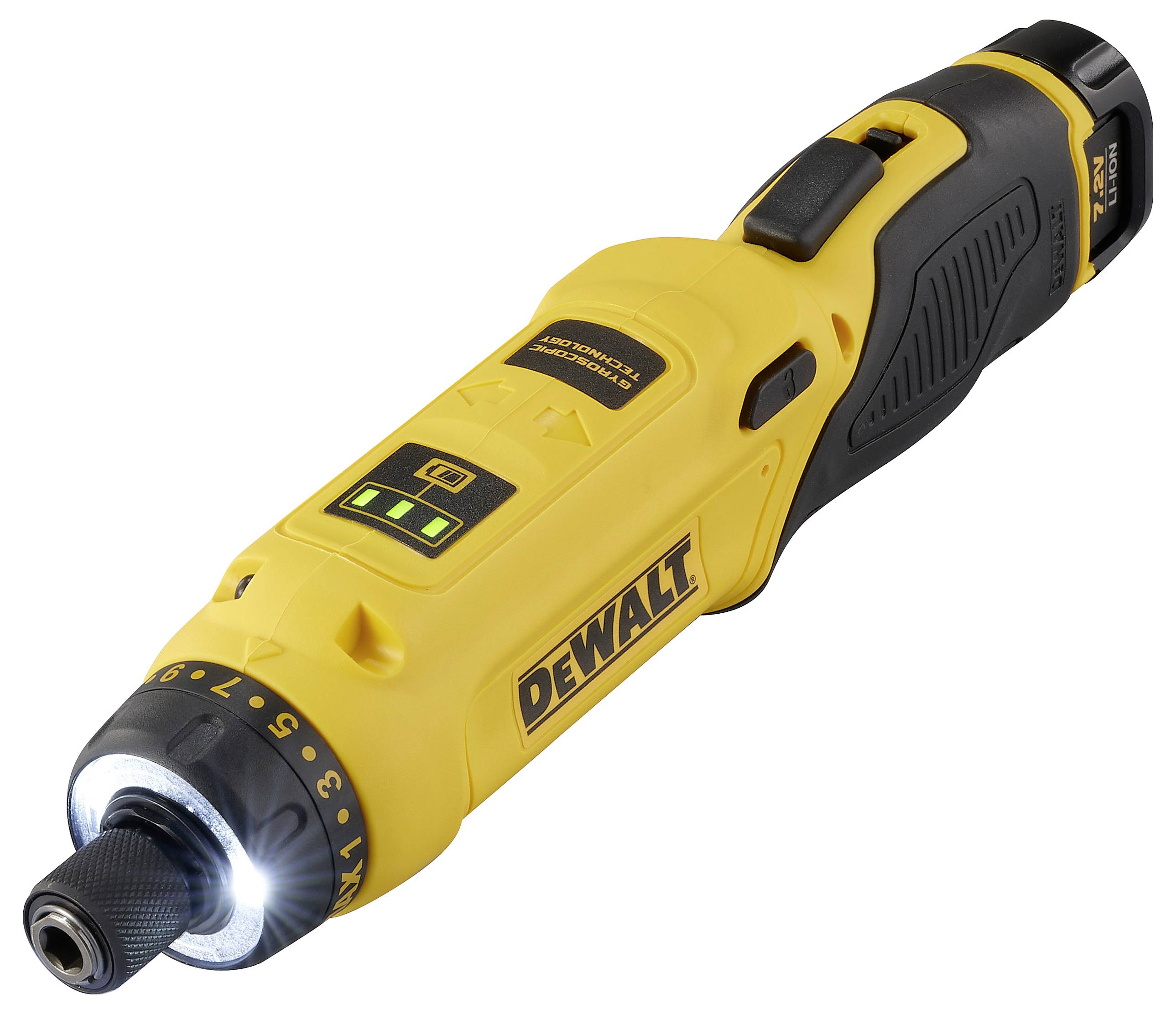 A yellow, battery-powered screwdriver with LED light, brand name visible on the side, suitable for cordless working.