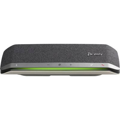 A grey-black conference speaker with buttons for Bluetooth, mute, volume control, and call answering.