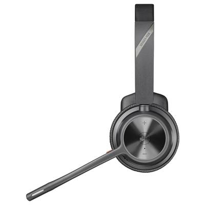 Black wireless headset with microphone arm and volume control buttons. Designed for comfortable calls.
