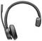 Black wireless headset with microphone arm, viewed from the side. Suitable for telephone conferences and music.