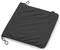 Black, square fabric bag with drawstrings at the corners, placed on a neutral background.