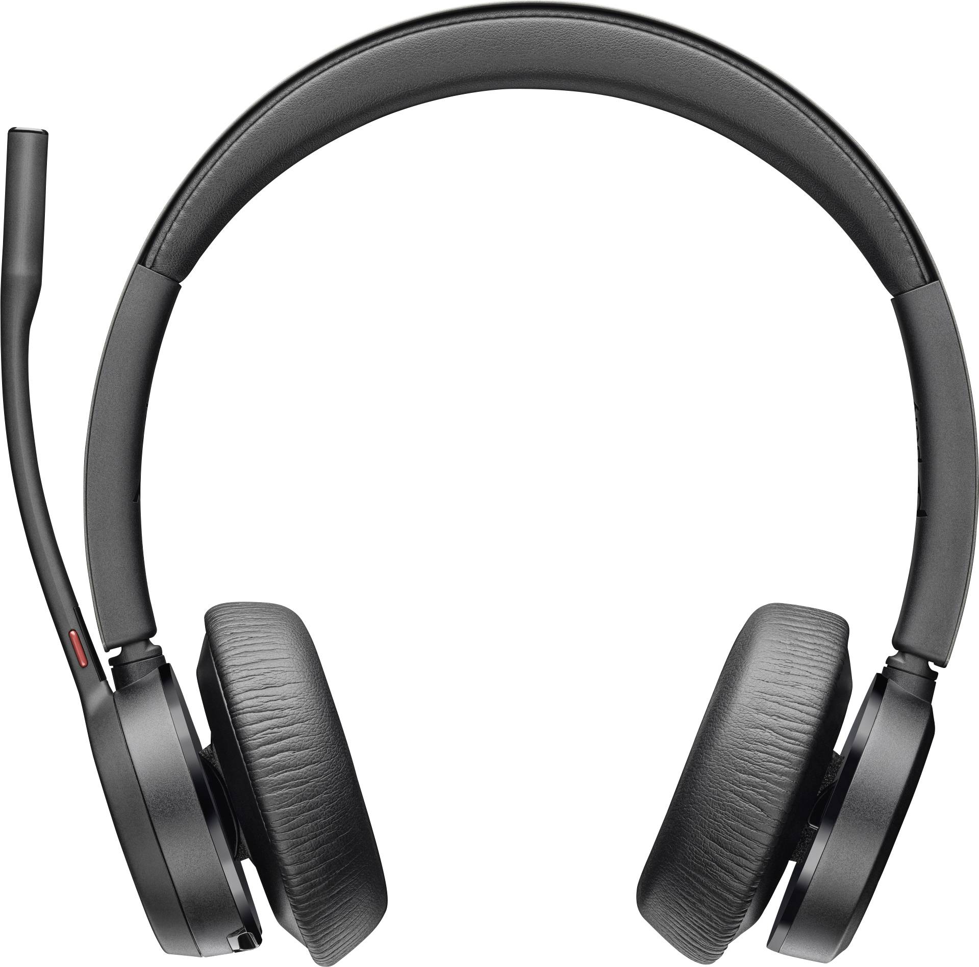 Black over-ear headset with microphone on the left side, suitable for calls and audio playback.