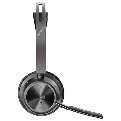 Black wireless headset with flexible microphone arm, side volume control, and padded earpiece for comfortable wearing comfort.