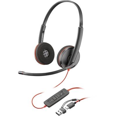 A black headset with a red accent, USB connection and inline controls for answering calls and adjusting volume.