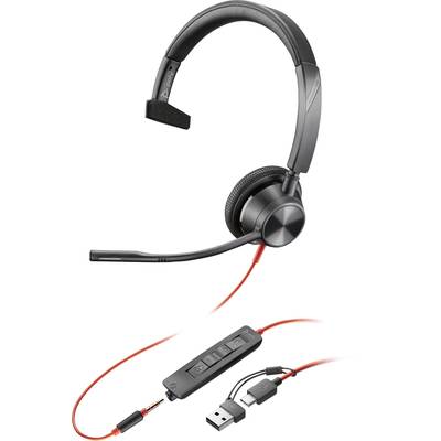 Black headset with microphone and red cable. Includes control buttons and USB adapter on the cable. Suitable for computers and mobile devices.