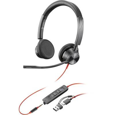 Black USB headset with microphone arm and control unit on the cable, suitable for telephone conferences and computer communication.