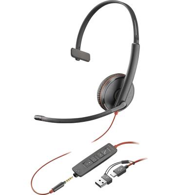 A black headset with microphone boom, red cable, in-line controls with volume and call management, USB and jack plug.