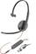 A black headset with microphone boom, red cable, in-line controls with volume and call management, USB and jack plug.