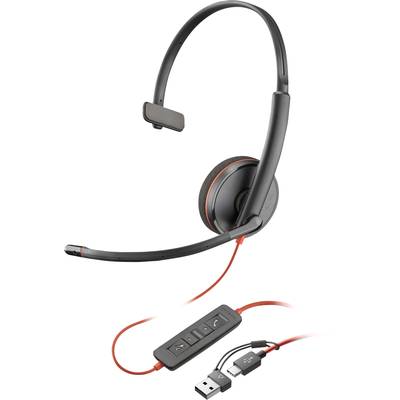 A black headset with an earpiece and microphone arm. Red accents and a USB connection are present.