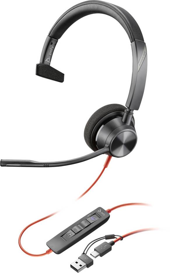 HP Poly Blackwire C3310-M On-ear headset Corded (1075100) Mono Black Microphone noise cancelling, Noise cancelling Headset, Volume control, Microphone mute PC