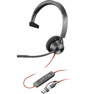 Black USB headset with microphone, padded ear cups and integrated control element on the cable.