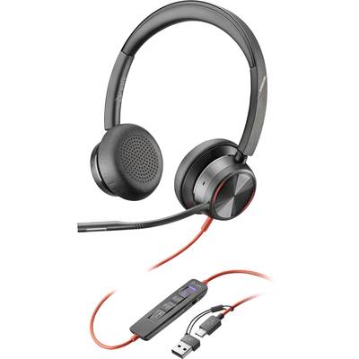 Black headset with built-in microphone and red USB connection cable; includes volume and mute control buttons.