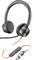 Black headset with built-in microphone and red USB connection cable; includes volume and mute control buttons.