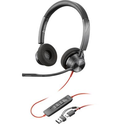 Black USB headset with microphone, padded ear cups, and red cable, suitable for computers and communication applications.