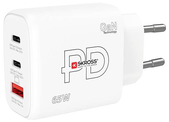 A white 65W USB charger with three ports: two USB-C and one USB-A. Marked with 'SKROSS' and 'GaN Technology'.