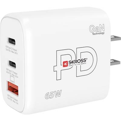 White charger with two USB-C and one USB-A port. Inscription: '65W, GaN Technology, SKROSS'. Developed for fast charging.