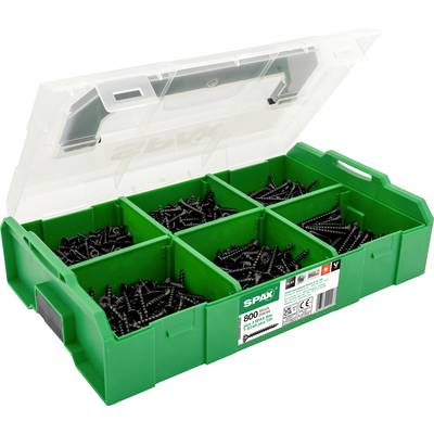 Green and white box with six compartments, filled with several black screws. Box label: 'SPAX, 800, T-Star Plus, 4x40'.