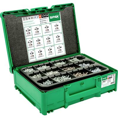 Green toolcase with various screws in compartments. Label on top indicating screw sizes and usage details.