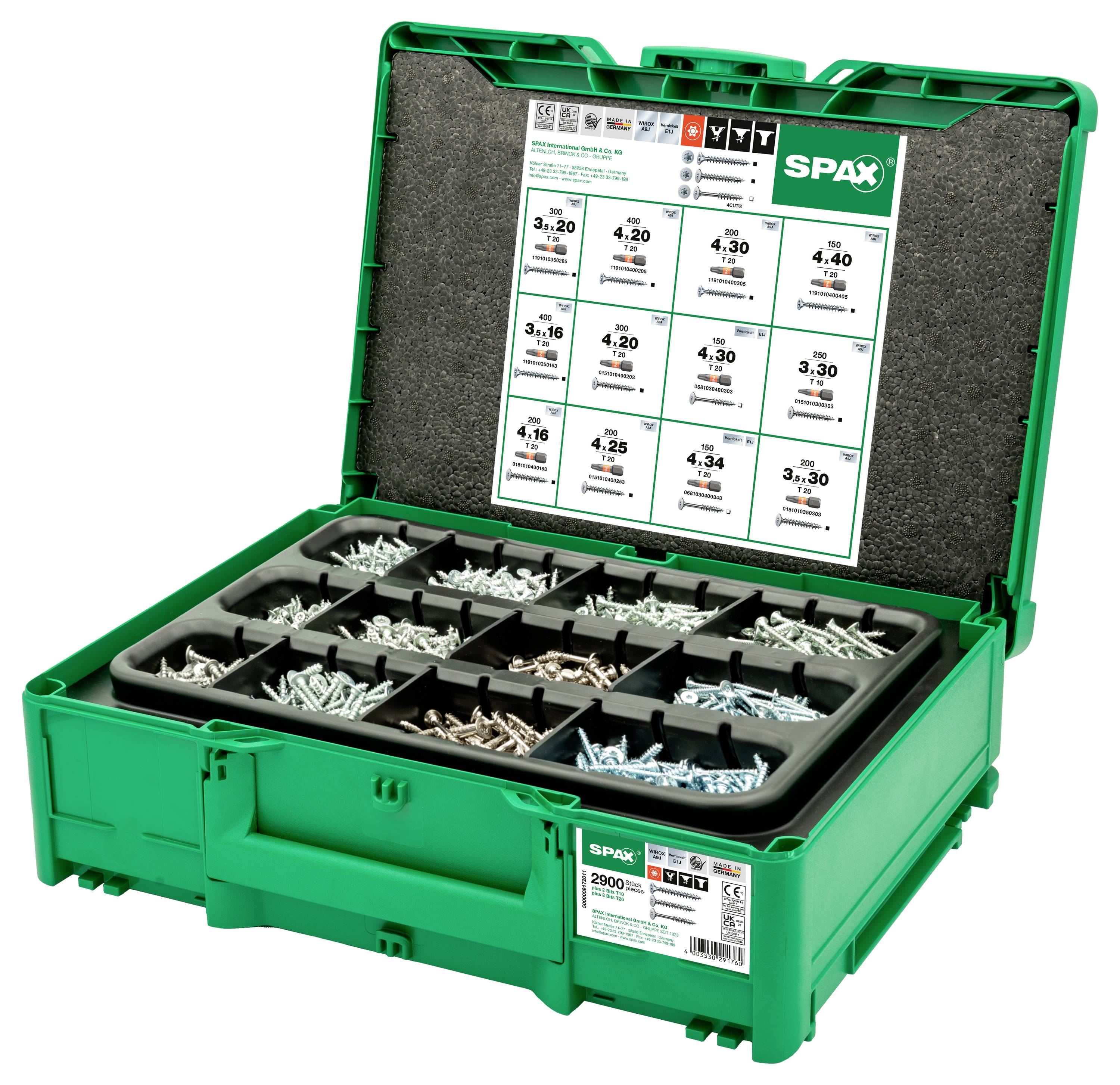 Green box with various screw compartments, lid displaying a screw table with size specifications from 3.0 to 5.0 mm, brand 'SPAX'.