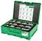 Green box with various screw compartments, lid displaying a screw table with size specifications from 3.0 to 5.0 mm, brand 'SPAX'.