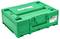 Green SPAX plastic box with carrying handle. Contains SPAX brand screws. Label with product details on the side.