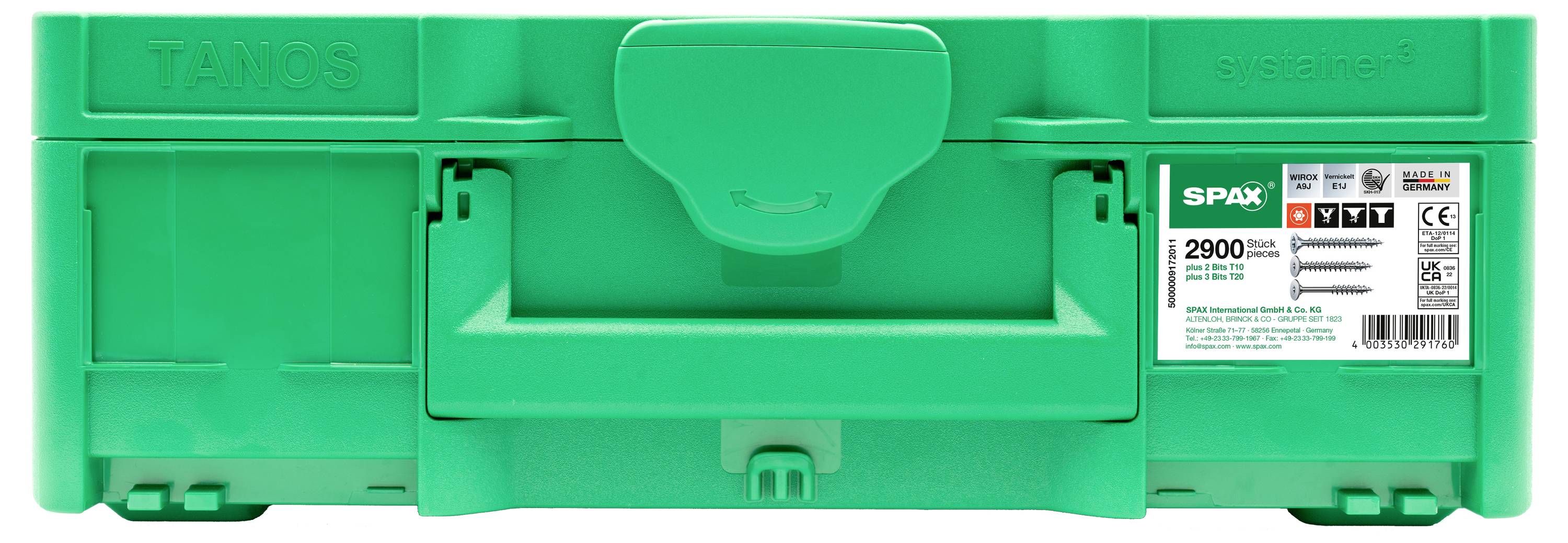 Green toolbox by SPAX, model 'TAWOS'. Contains 2,900 screws in various sizes and designs, labelled with specifications.