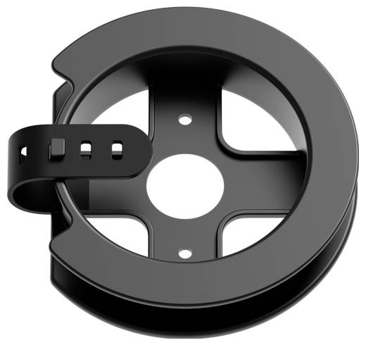 A black plastic reel housing with four symmetrical struts and an adjustable closure strap.