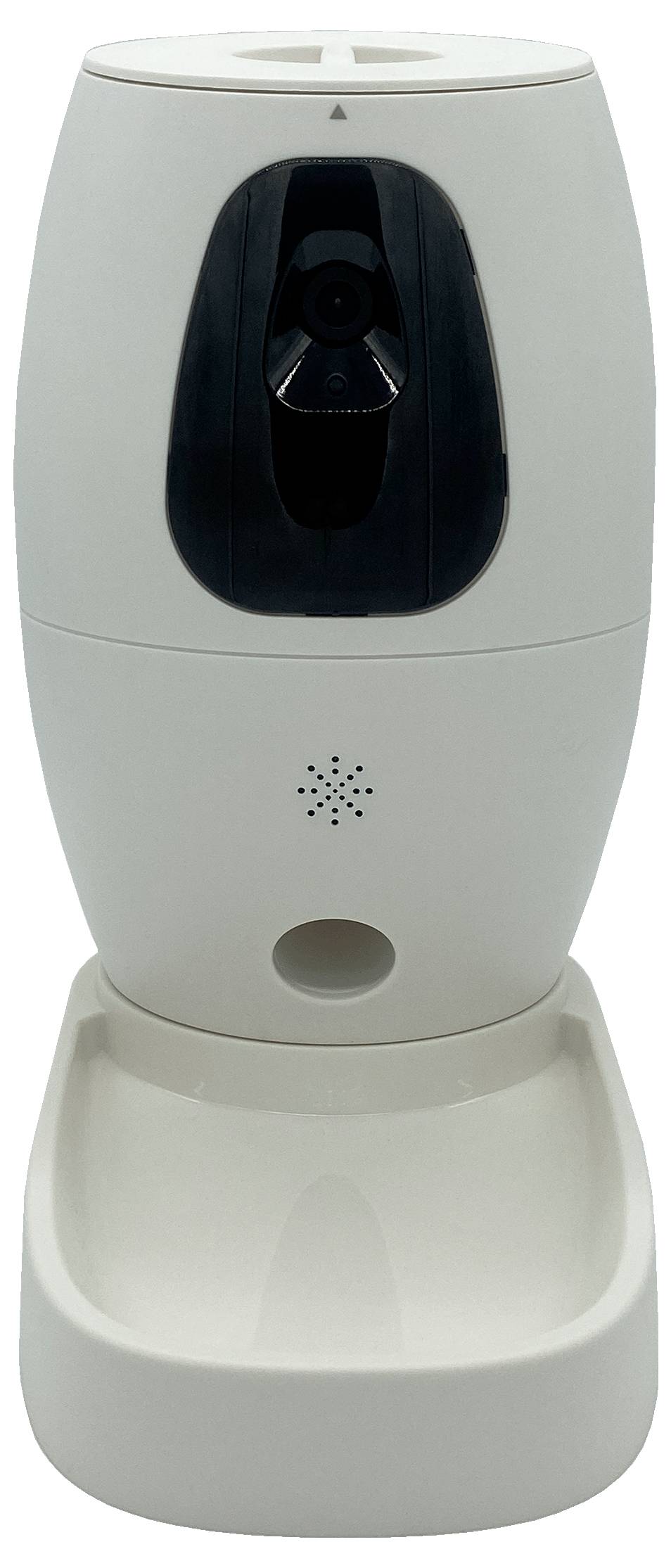 Automatic pet feeder with built-in camera and microphone, enabling remote monitoring and feeding.