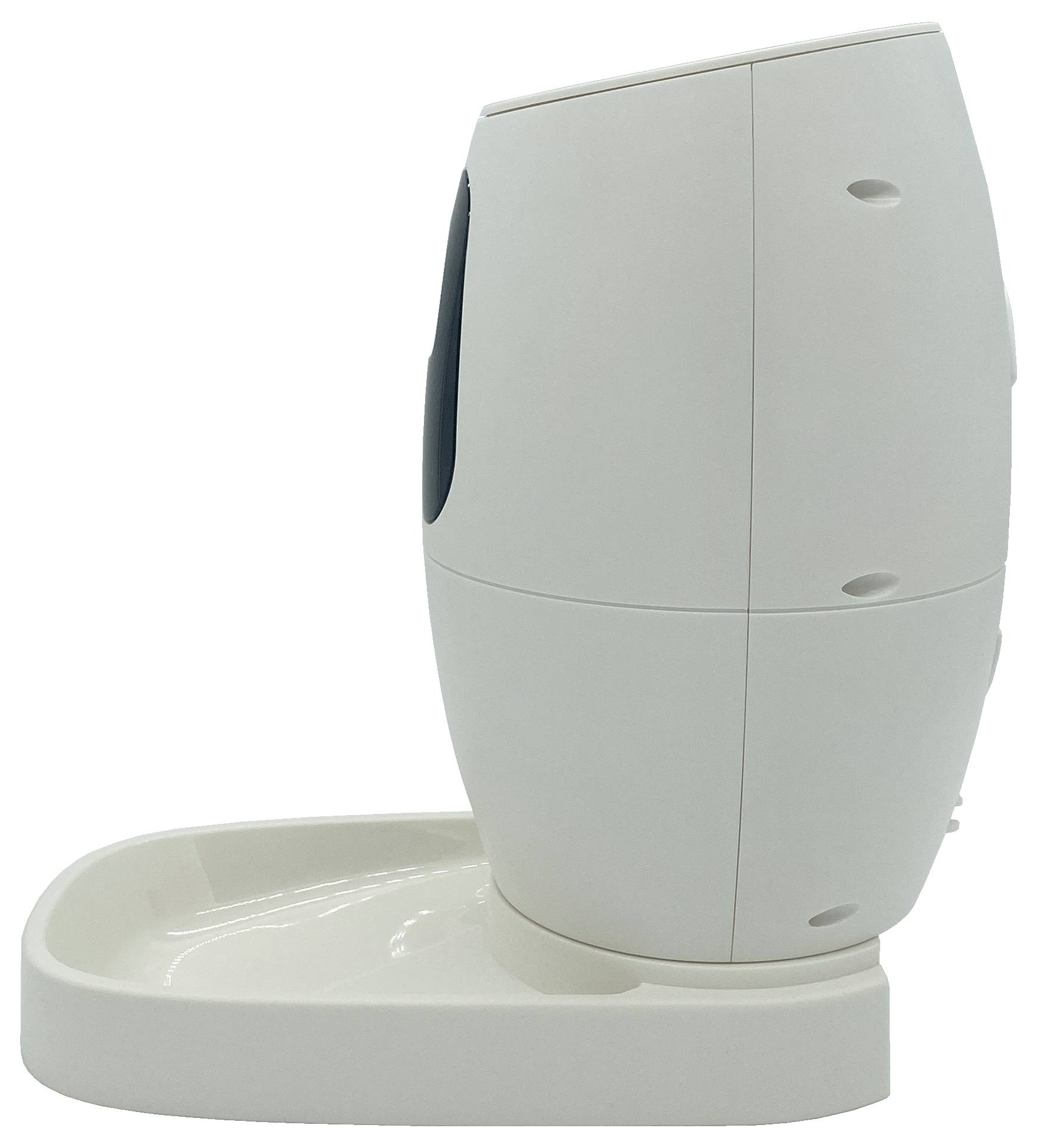 A white, upright water dispenser with a bowl at the base, suitable for providing water to pets.