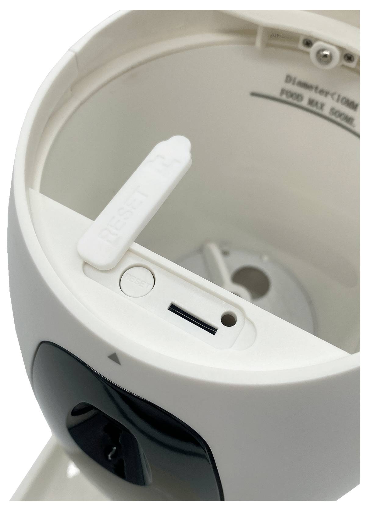 An electrical device with a reset button and on/off switch. At the top, there is a measurement range for the diameter and maximum fill capacity of 500 ml.