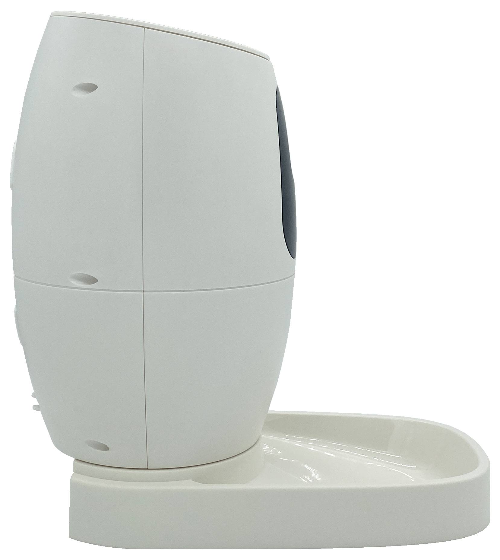 A white, modern feeding dispenser with a container on an oval dish.