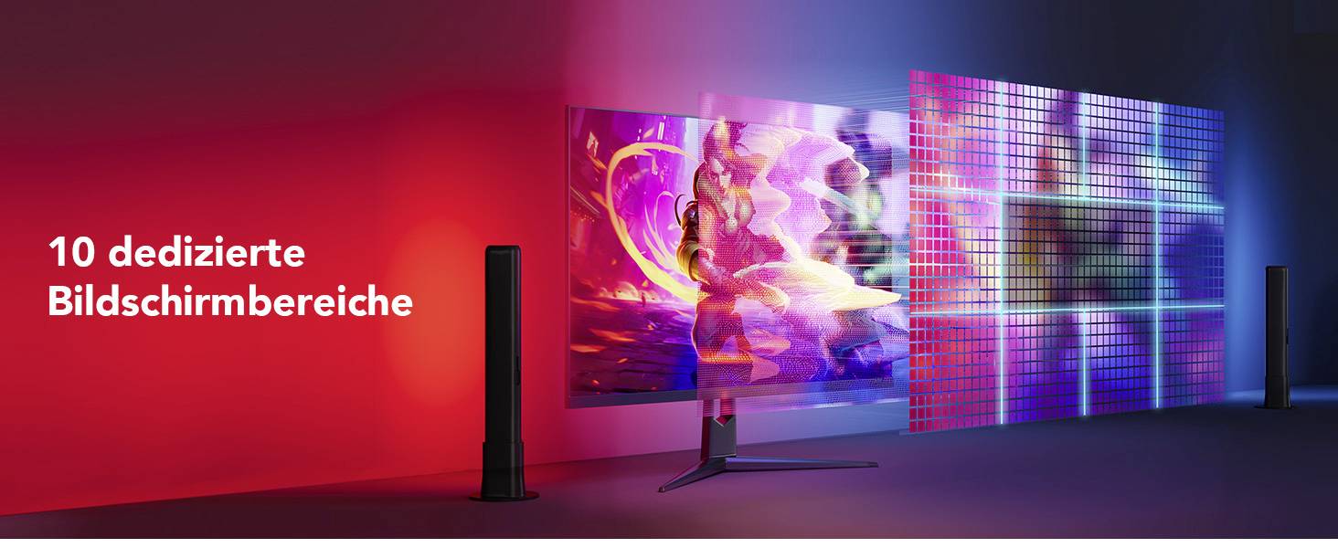 A modern monitor with a colourful display and dynamic light effects; next to it is the text '10 dedicated screen areas'.