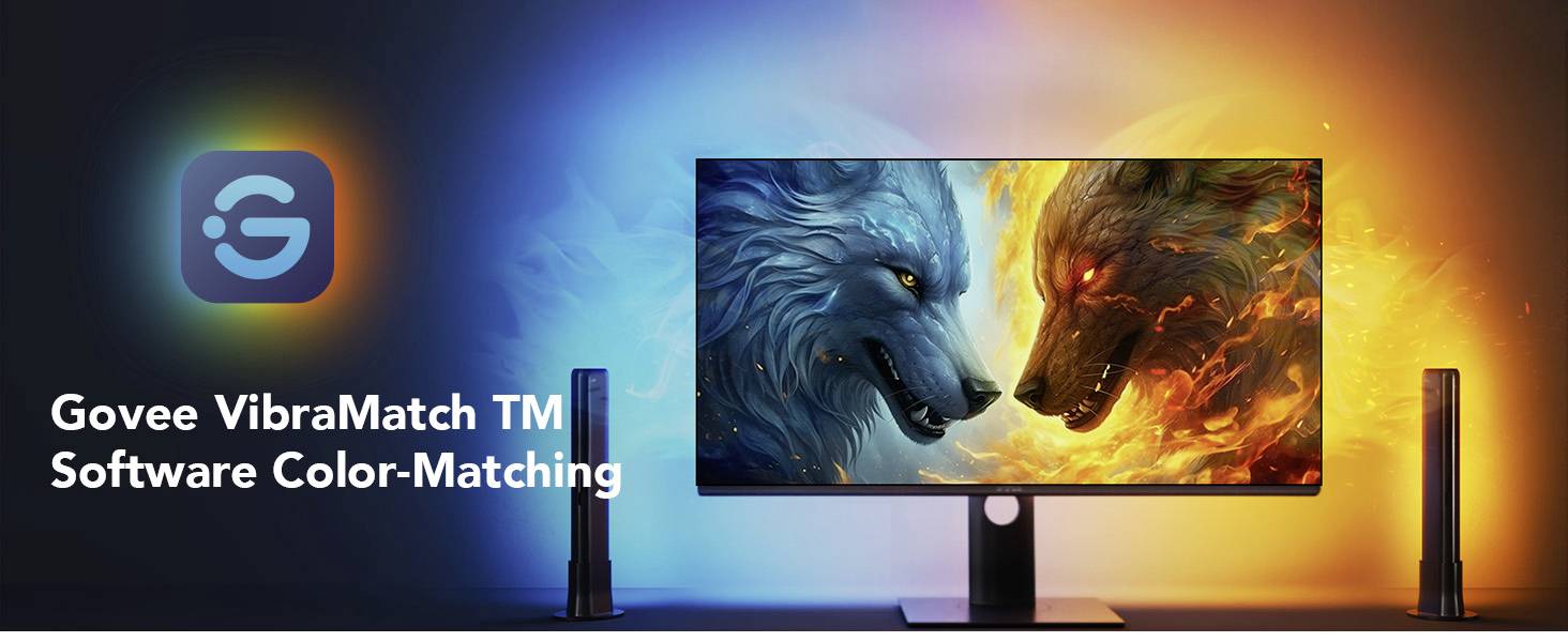 Govee VibraMatch logo and monitor with two wolves, blue and red background symbolises colour-matching software.