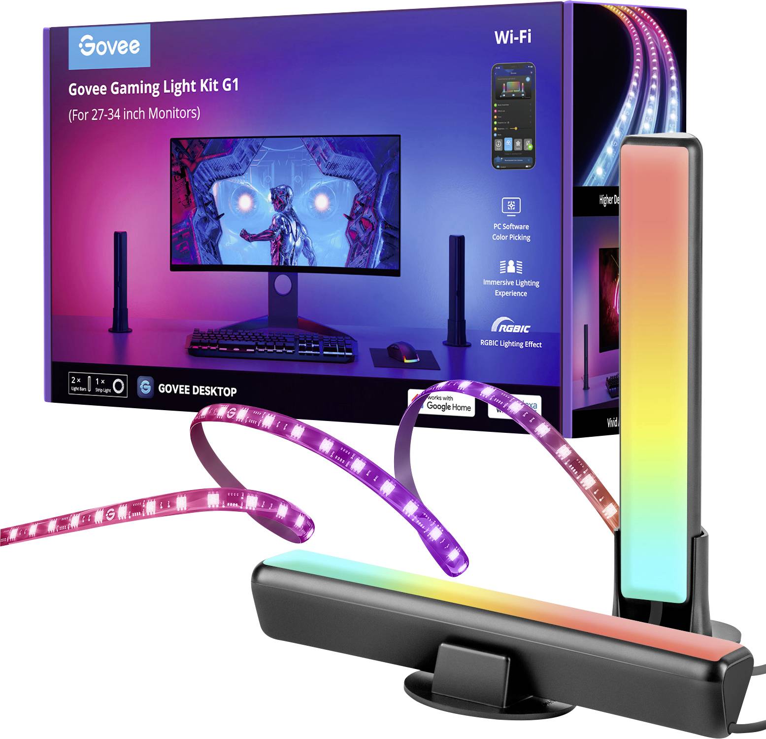 The packaging of the Govee Gaming Light Kit G1 displays a monitor set with RGB lighting, suitable for 27-34 inch monitors, with Wi-Fi functionality.