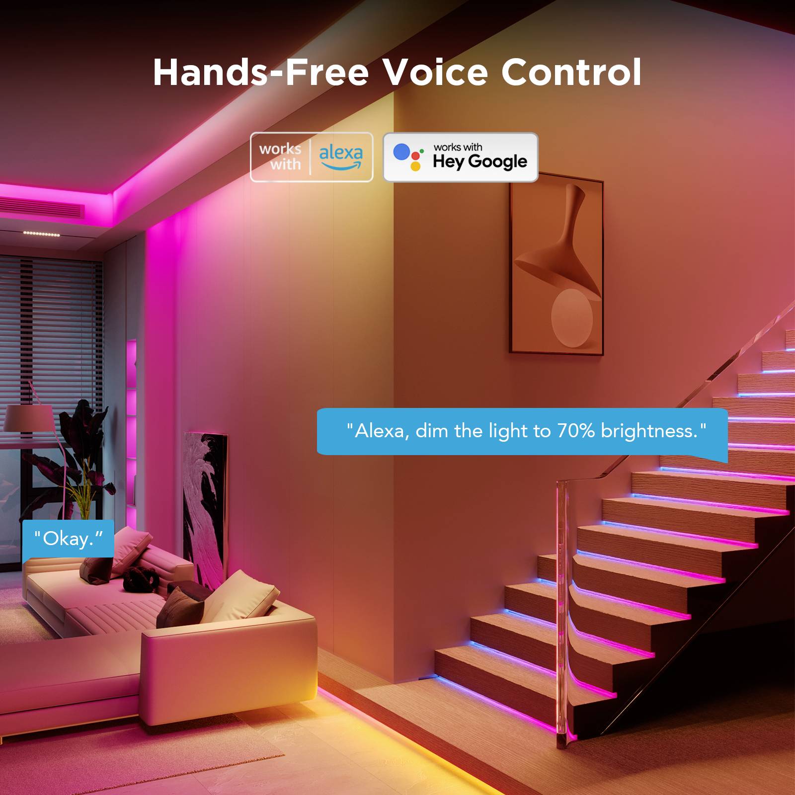 Living room with modern lighting that can be dimmed by voice command. Text: 'Alexa, dim the light to 70% brightness.' 'Okay.'